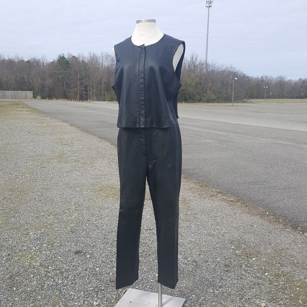 PREOWNED Venezia Jeans Black Leather Vest Pant Set